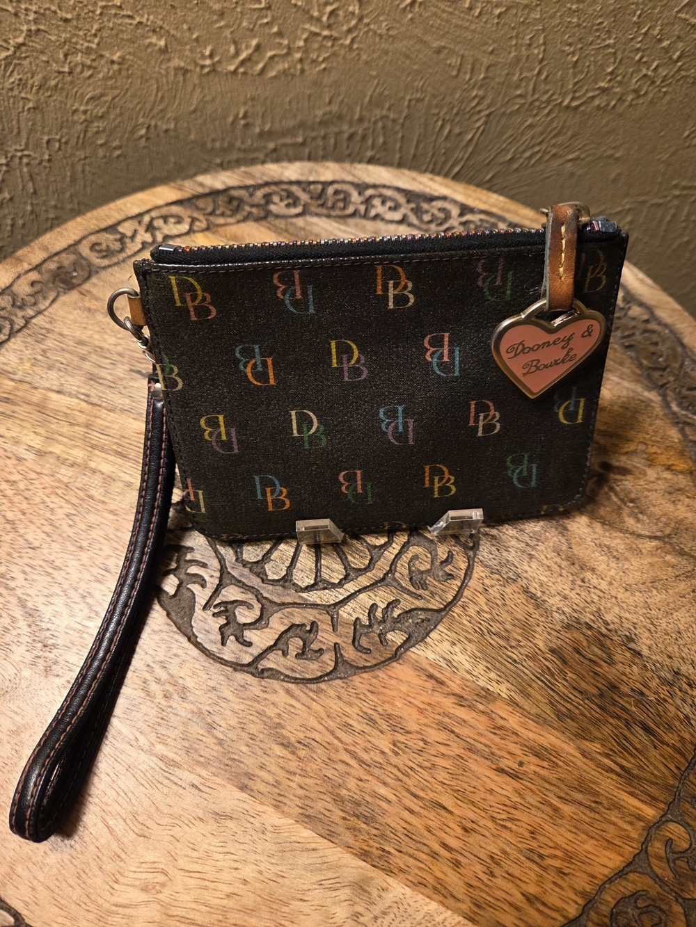 Dooney & Bourke Black Multicolor DB Logo Wristlet with Heart Charm